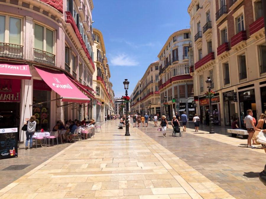 Shops on Calle Marqués de Larios, Malaga, Costa del Sol, Andalucia, Spain